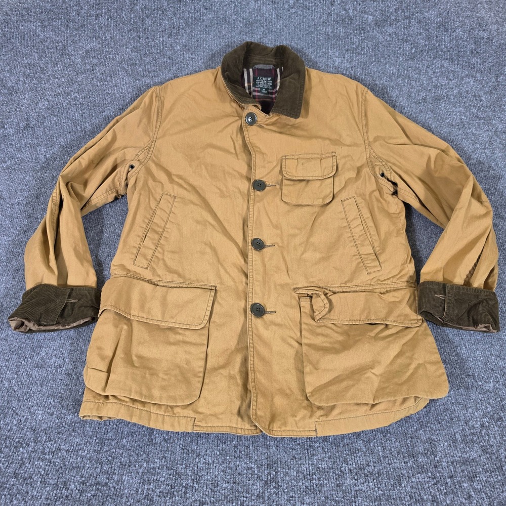 J.Crew Sporting Goods Mens Tan Canvas Barn Jacket Plaid Flannel Lined Medium